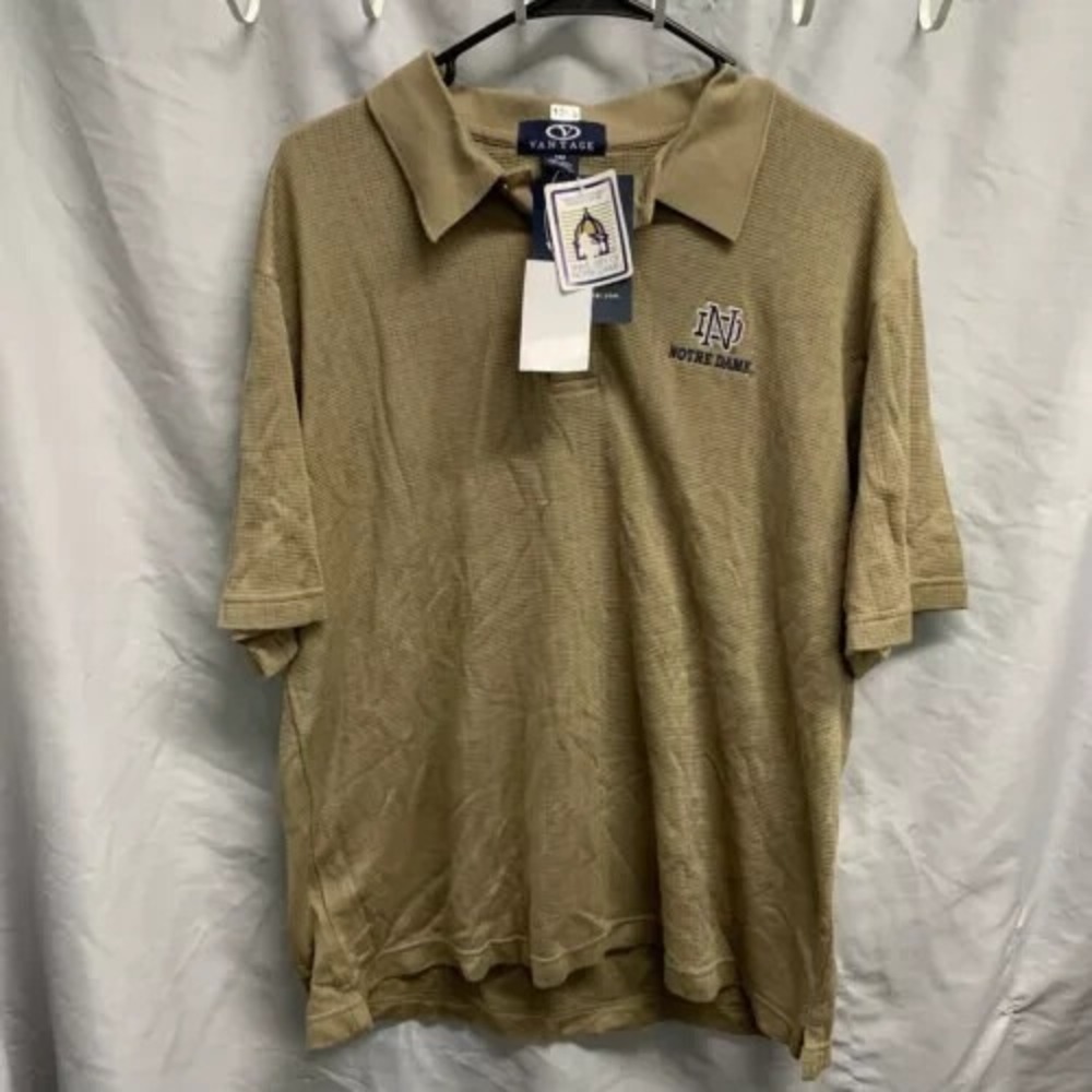 NWT Notre Dame Polo Adult Medium Beige Short Sleeve Vantage Embroidered Mens